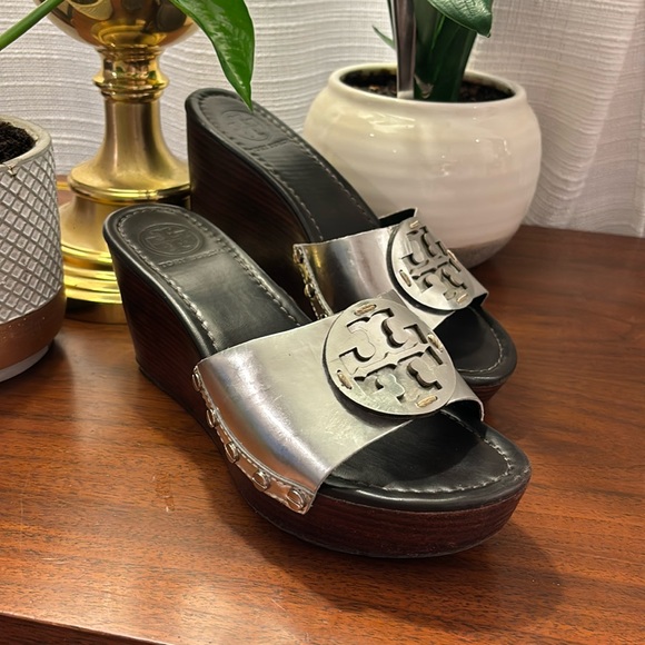 Tory Burch Shoes - Silver Tory Burch Wooden Wedges Size 7 1/2